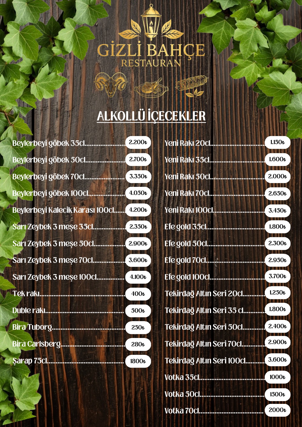 İçecekler menüsü önizlemesi