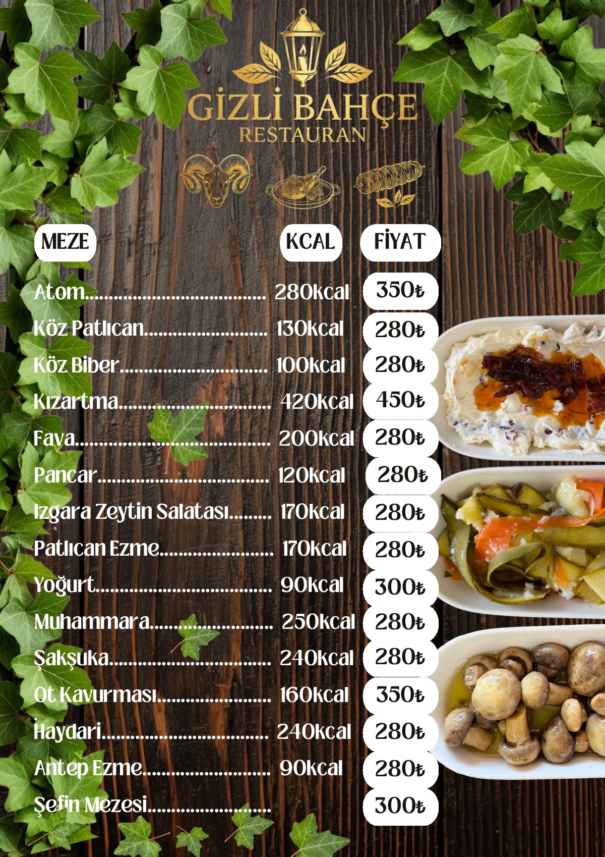 Mezeler menüsü önizlemesi